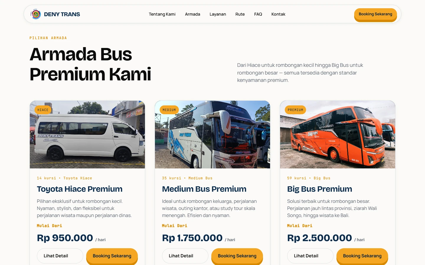 Bagian "Armada Bus Premium Kami" di denytrans.com dengan kartu Toyota Hiace Premium, Medium Bus Premium, dan Big Bus Premium beserta harga mulai per hari