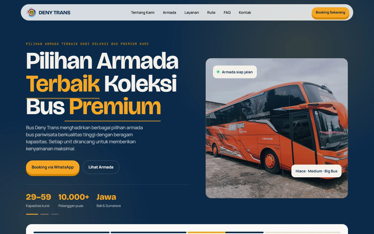 Halaman depan denytrans.com dengan judul "Pilihan Armada Terbaik Koleksi Bus Premium" dan foto bus pariwisata oranye Deny Trans
