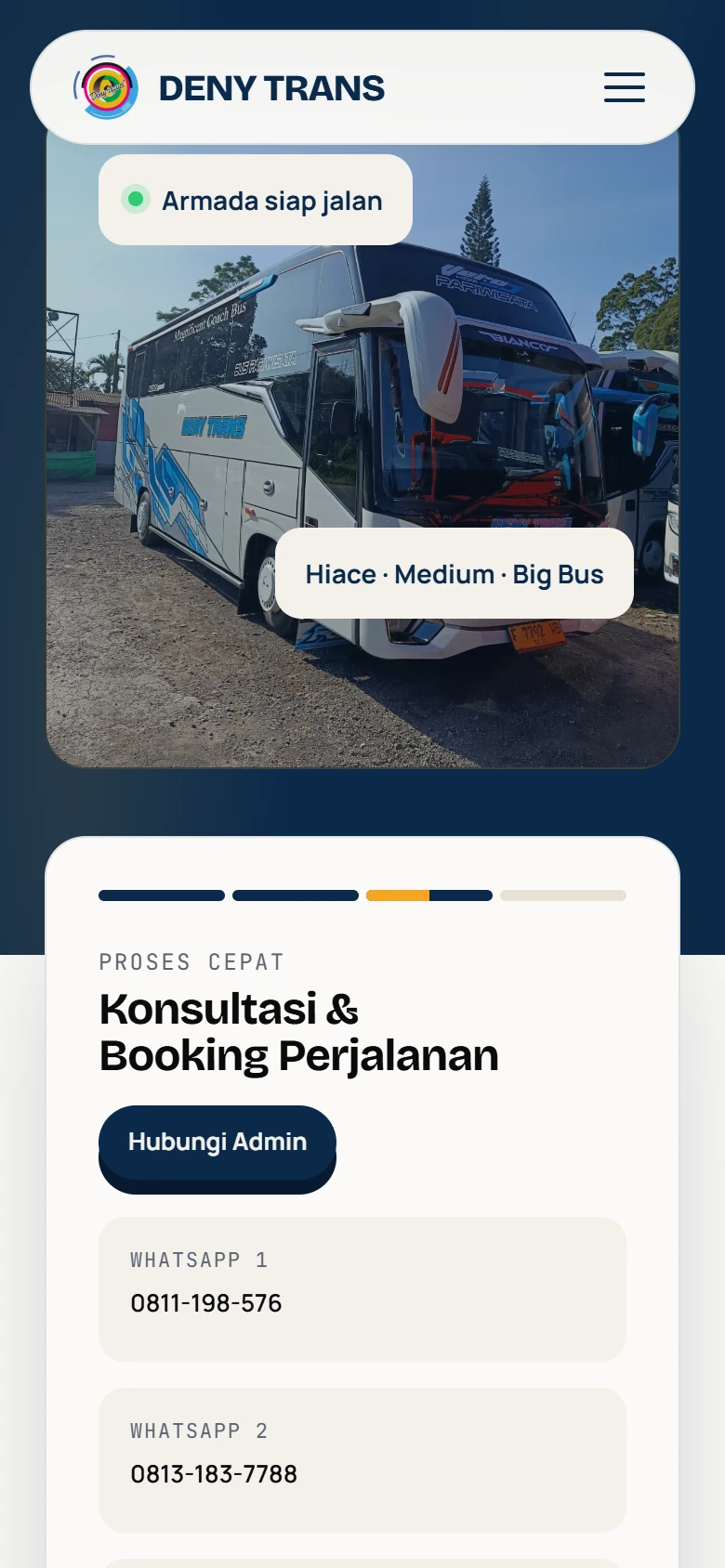 Tampilan mobile denytrans.com dengan foto bus Medium dan kartu "Konsultasi & Booking Perjalanan" berisi nomor WhatsApp admin