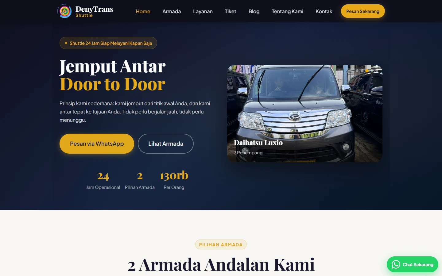 Halaman depan denytravelcianjur.com dengan judul "Jemput Antar Door to Door" dan foto armada Deny Trans