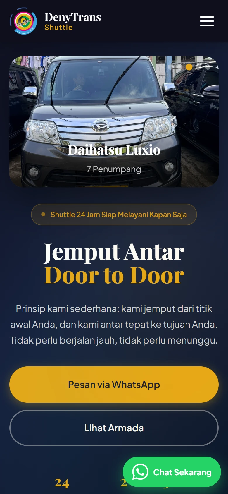 Tampilan mobile denytravelcianjur.com dengan tombol "Pesan via WhatsApp" dan tombol chat mengambang