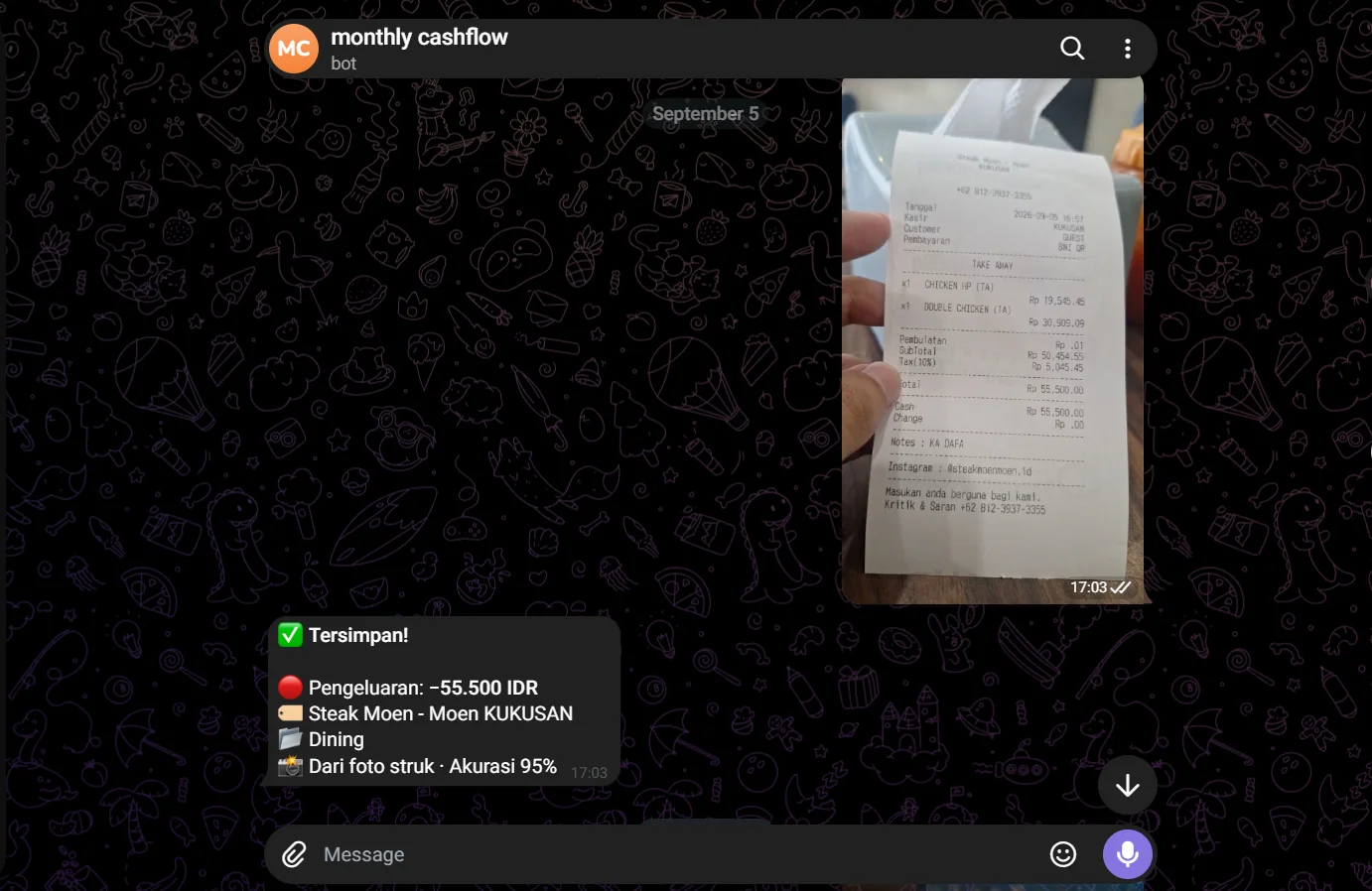 Percakapan dengan bot Telegram "monthly cashflow". Foto struk Steak Moen dikirim, lalu bot membalas "Tersimpan! Pengeluaran −55.500 IDR, Steak Moen - Moen KUKUSAN, Dining, dari foto struk, akurasi 95%".
