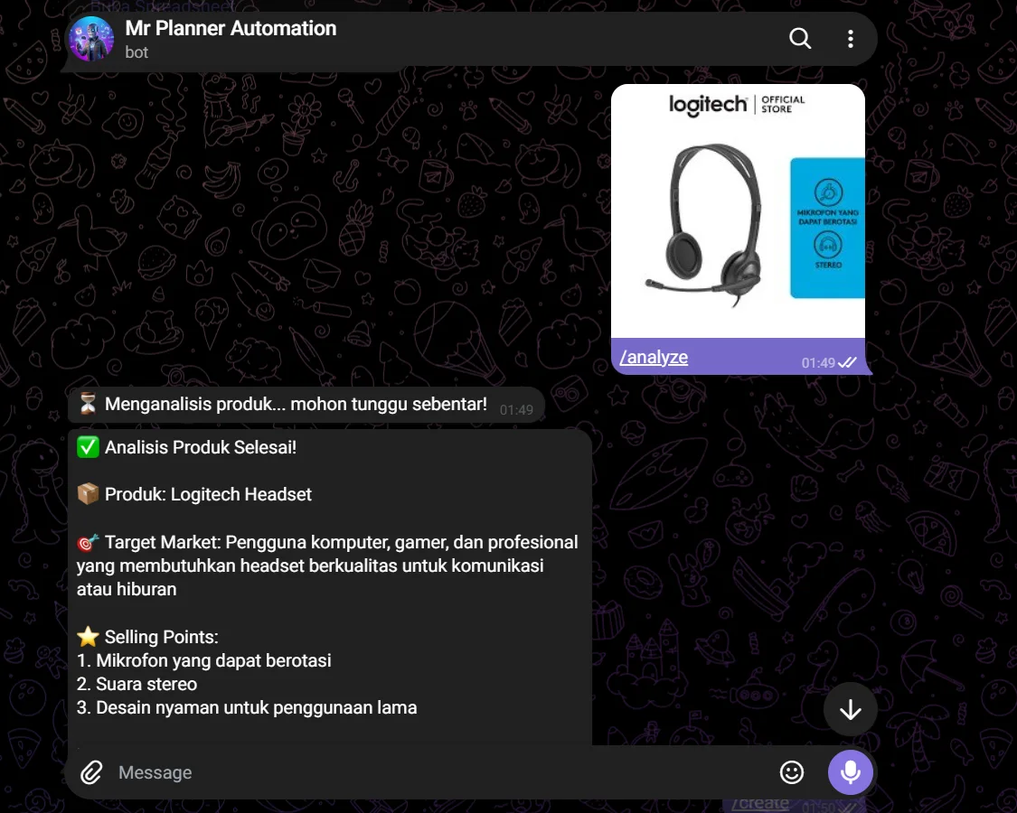 Foto headset Logitech dikirim ke bot dengan perintah /analyze. Bot membalas "Analisis Produk Selesai!" berisi nama produk, target market, dan tiga selling point.