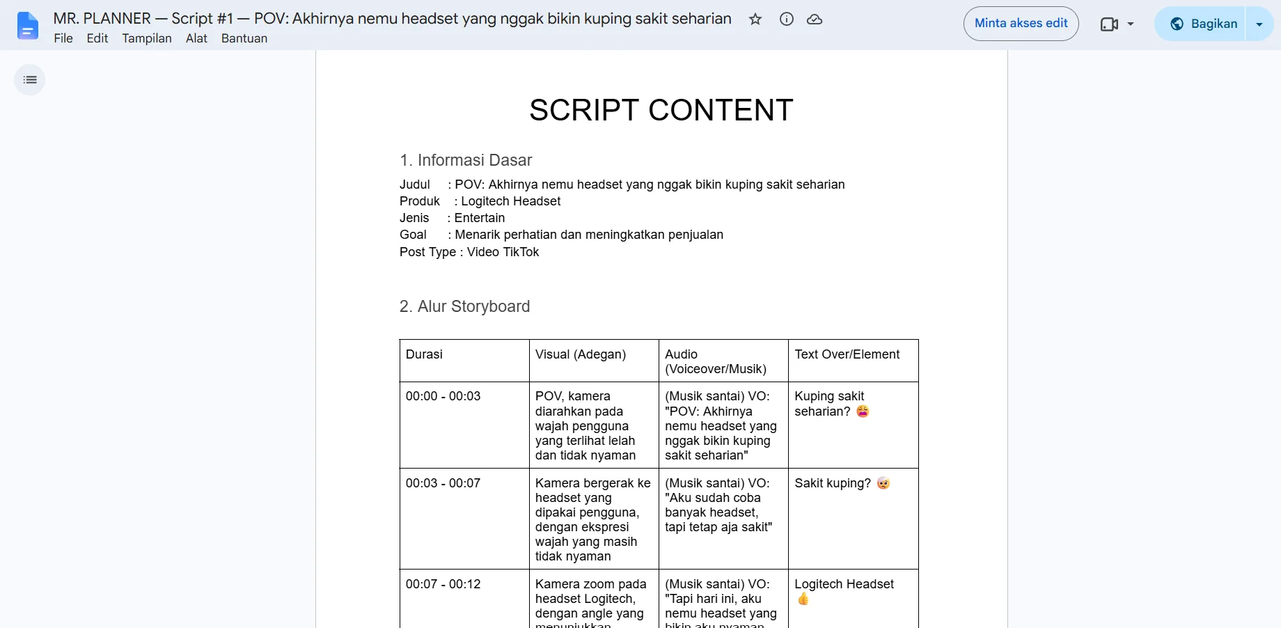 Google Docs "MR. PLANNER — Script