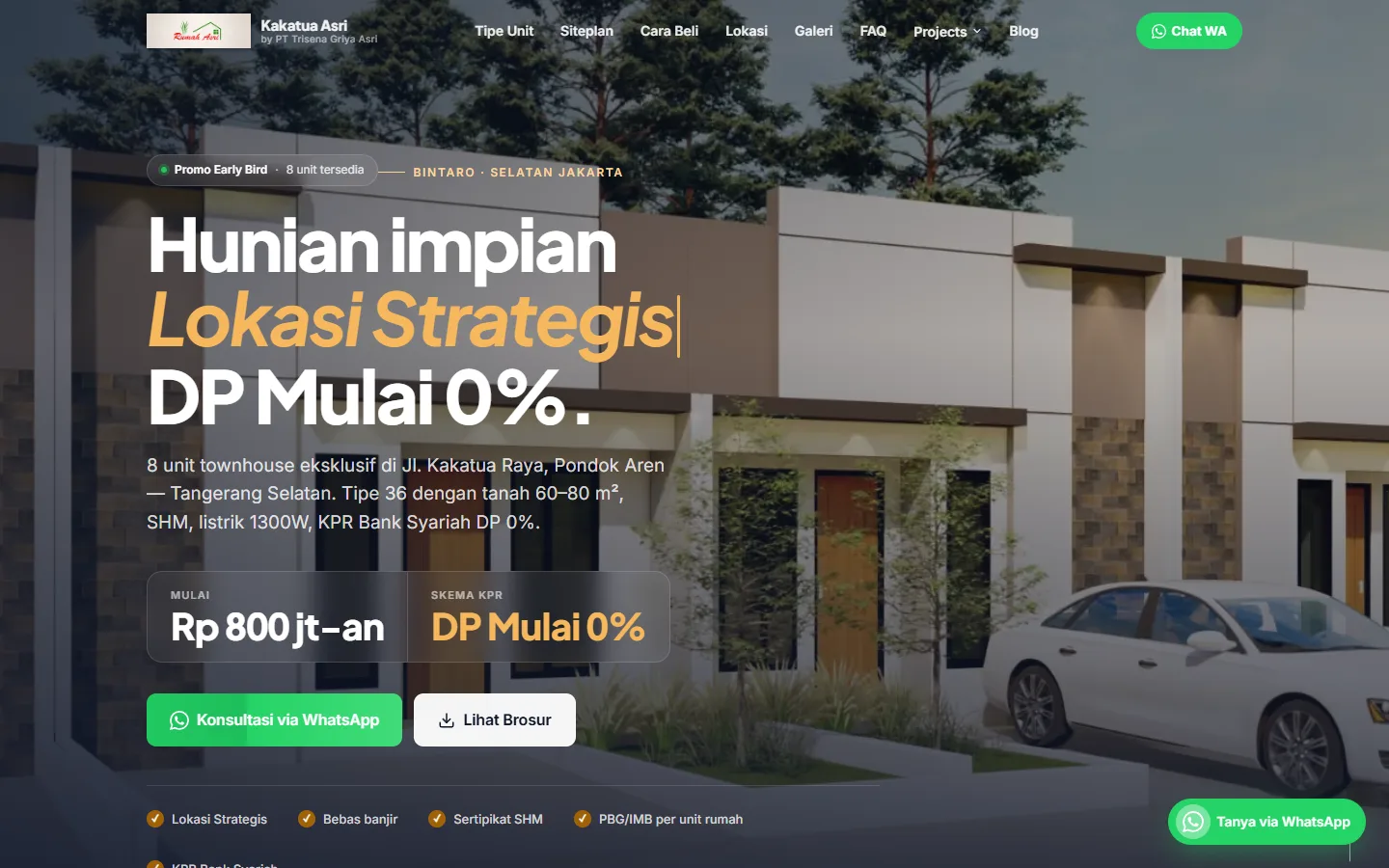 Halaman depan rumahasri.com dengan judul "Hunian impian, Lokasi Strategis, DP Mulai 0%", harga mulai Rp 800 jt-an, dan foto townhouse Kakatua Asri
