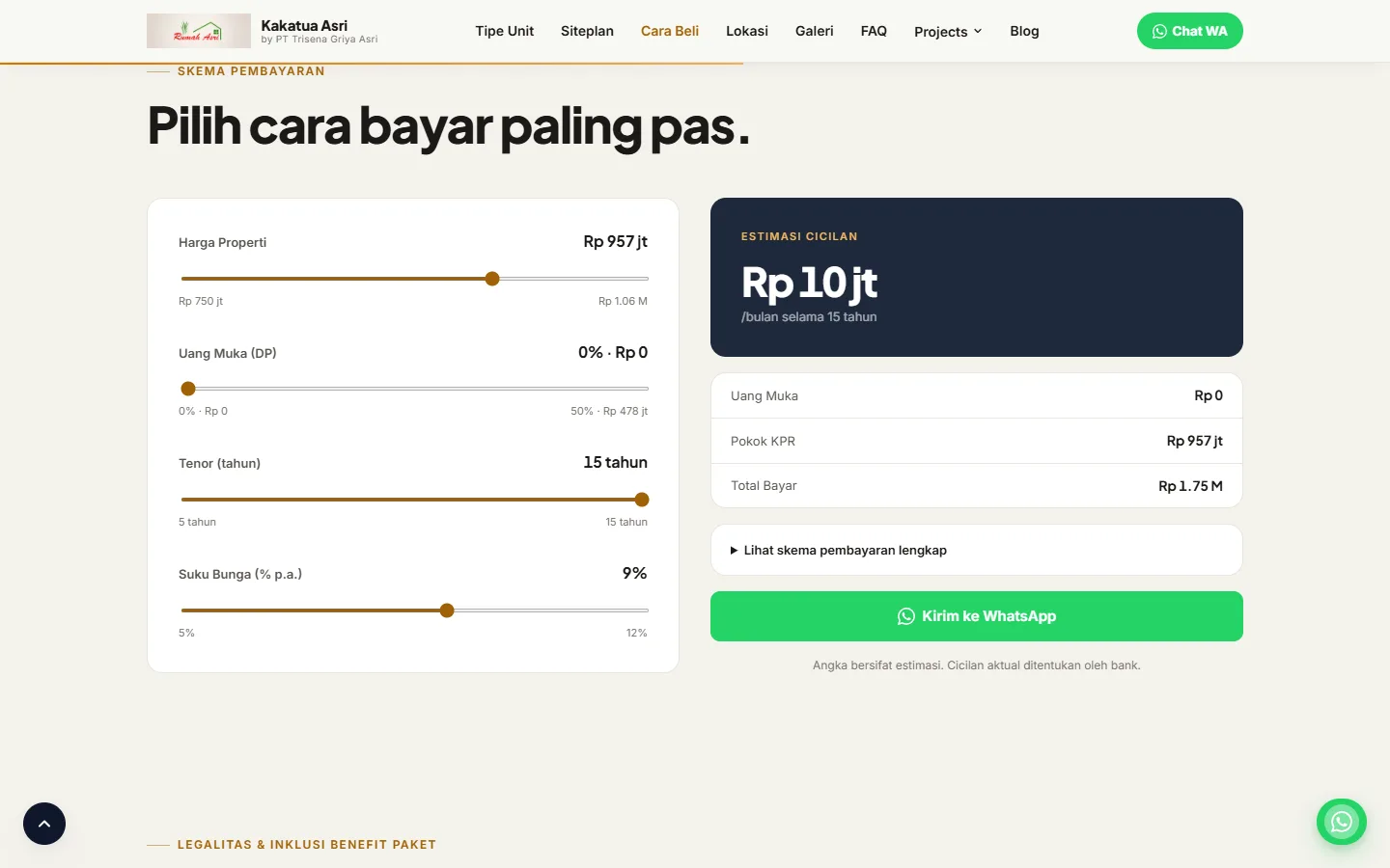 Kalkulator "Pilih cara bayar paling pas" dengan slider harga properti, DP, tenor, dan suku bunga. Estimasi cicilan Rp 10 jt per bulan selama 15 tahun, dengan tombol "Kirim ke WhatsApp".