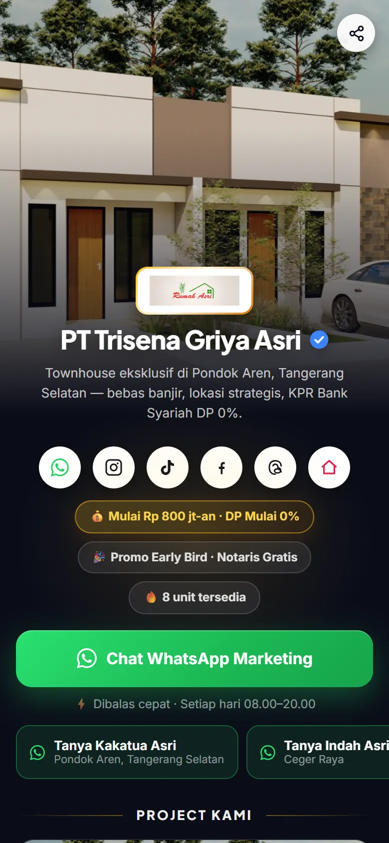 Halaman rumahasri.com/link versi mobile dengan logo Rumah Asri, ikon media sosial, dan tombol "Chat WhatsApp Marketing"