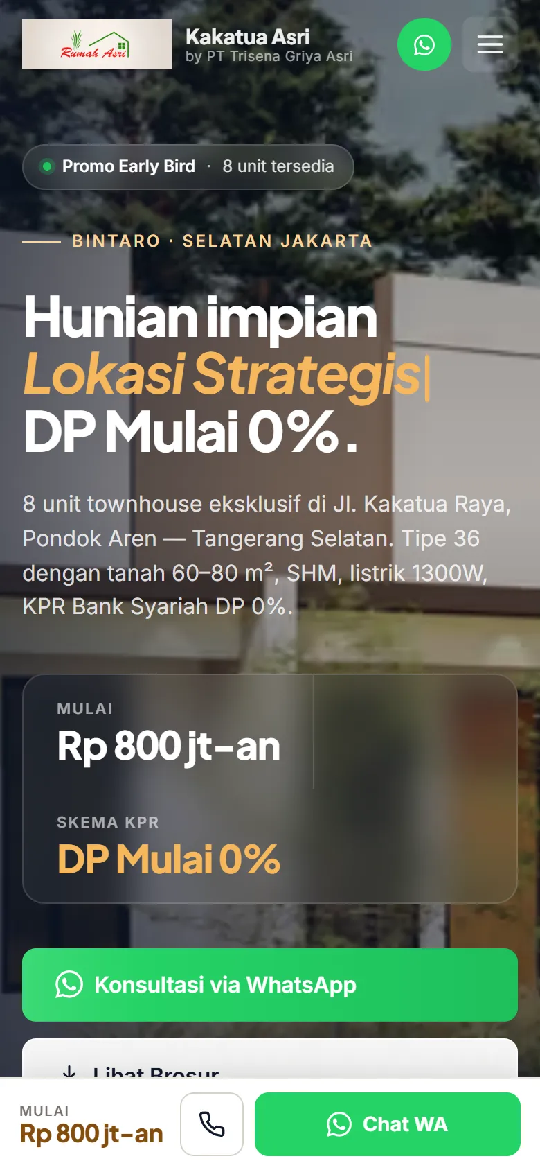Tampilan mobile rumahasri.com dengan judul "Hunian impian", harga mulai Rp 800 jt-an, dan bilah bawah berisi tombol telepon dan "Chat WA"