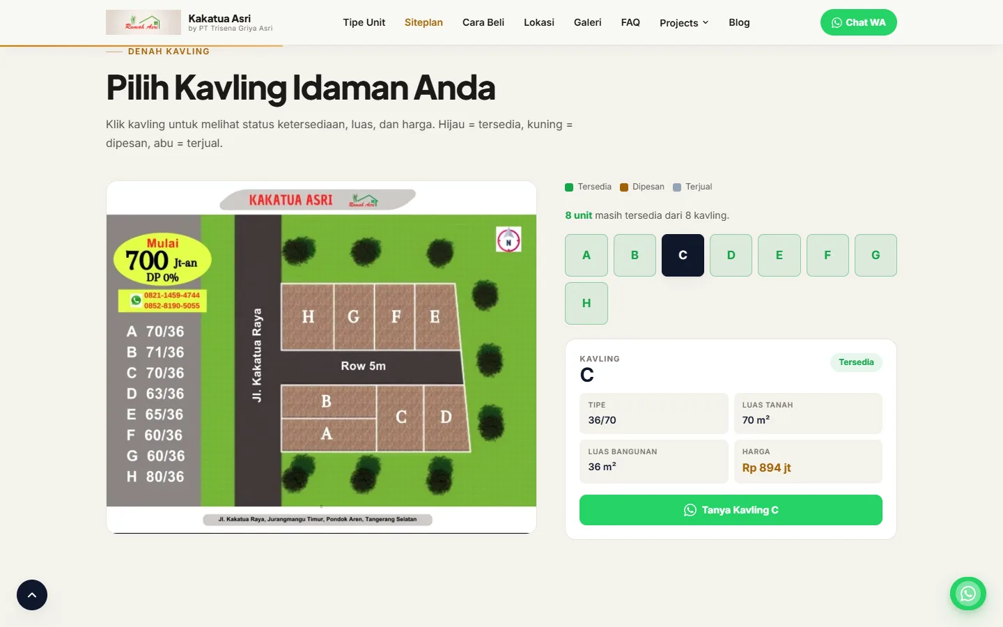 Bagian "Pilih Kavling Idaman Anda" di rumahasri.com dengan denah delapan kavling A sampai H. Kavling C dipilih dan menampilkan tipe 36/70, luas tanah 70 m², harga Rp 894 jt, serta tombol "Tanya Kavling C".