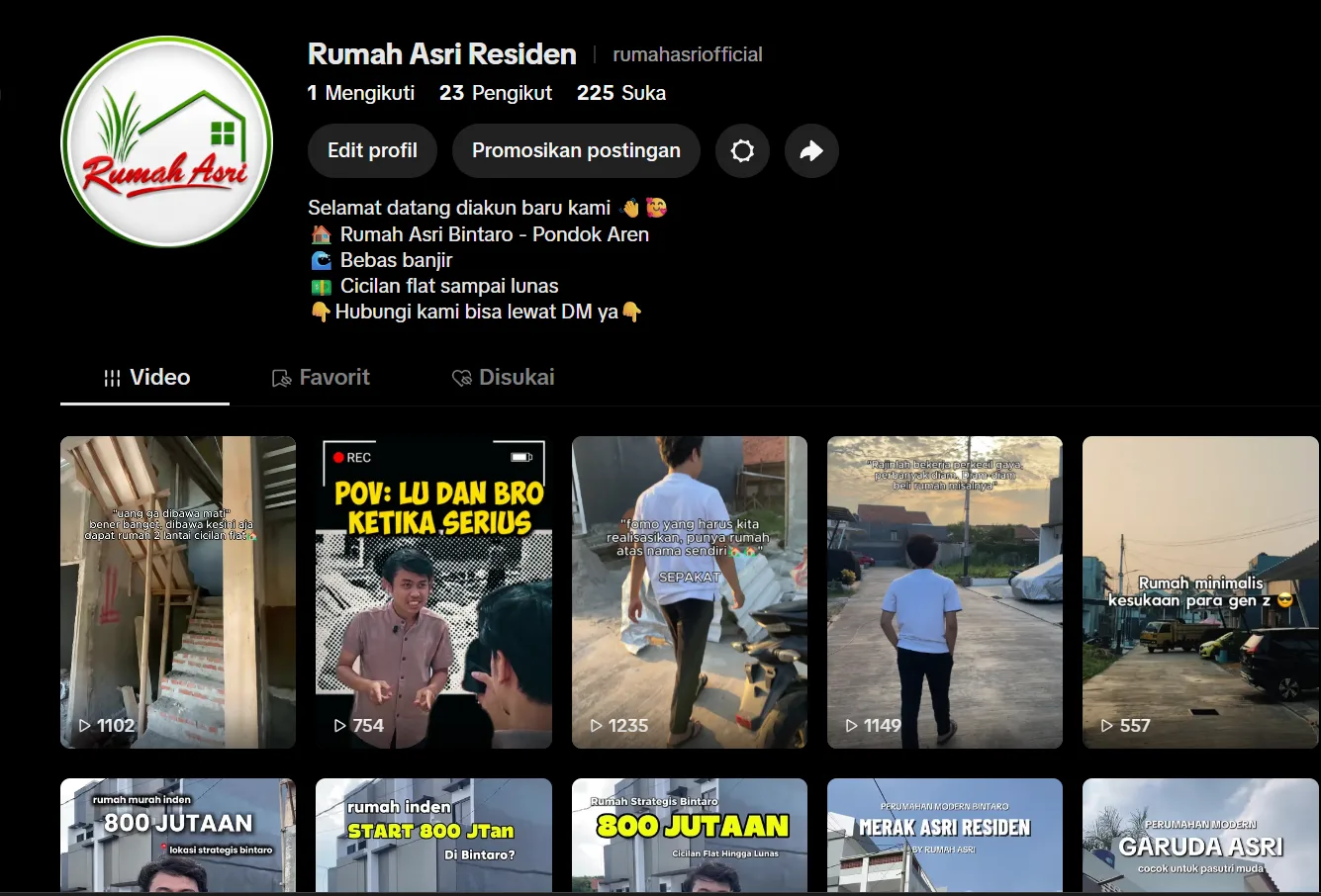 Profil TikTok @rumahasriofficial dengan deretan video tentang rumah inden dan cicilan; video teratas ditonton 557 sampai 1.235 kali.